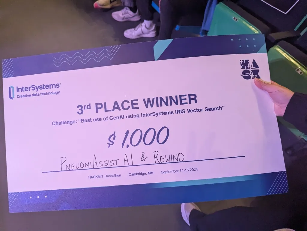 HackMIT 3rd Place Winner Certificate - PneumoAssist AI & Rewind