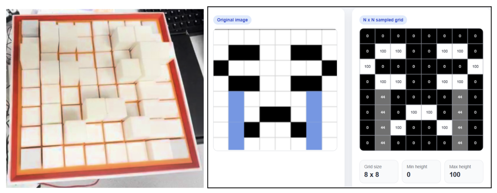 Shape display with inputs showing height map from original image